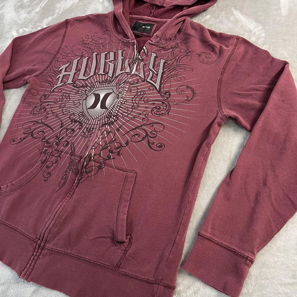 Hurley Hoodie Mens M Red Full Zip Graphic Logo Fleece Sweatshirt Skater Grunge